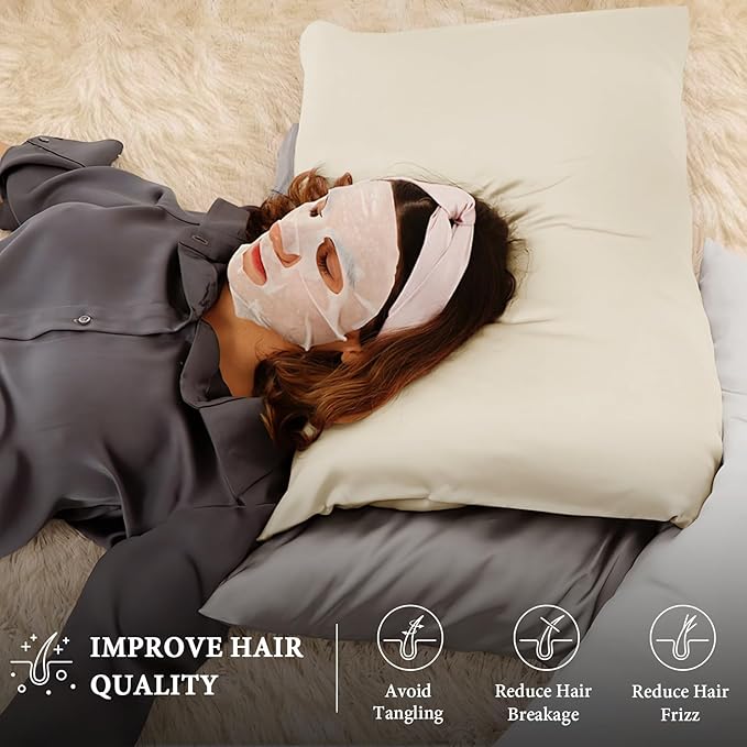 BHZ Satin Goose Down Feather Pillows Standard Size with Beige Satin Pillowcase for Hair and Skin, Cooling Pillow Cases Similar to Silk Pillow Cases, Decorative for Women, Mom Men