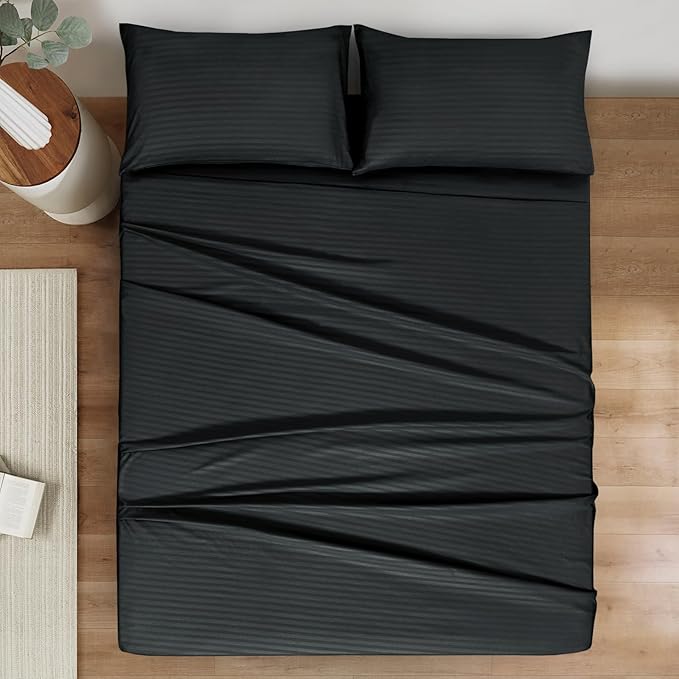 Mejoroom Striped Queen Size Sheet Set - Hotel Luxury 1800 Bedding Sheets & Pillowcases - Deep Pocket Fitted Sheet, Soft, Breathable, Wrinkle & Fade Resistant - 4 Piece (02-Black)