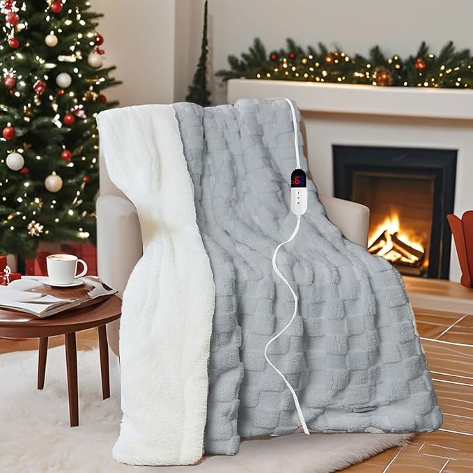 Electric Blanket, Heated Blanket with 6 Heat Levels & 10 Hours Auto Off, Soft Checked Flannel Fast Heating Blanket with ETL & FCC Certification (Gray, 90"X100")