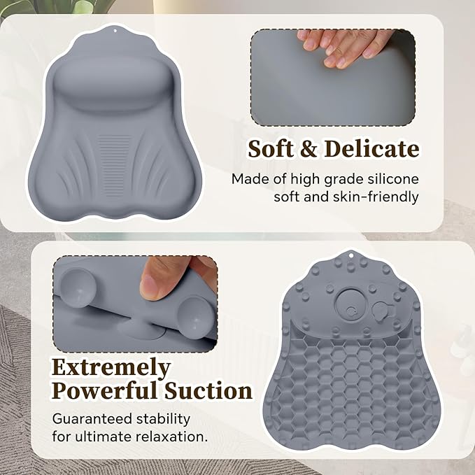Silicone Bath Pillow for Tub Adults, 4D Air-Cushion Bathtub Pillow for Head Neck and Back Support, Non-Slip Suction Cups, Quick-Drying Waterproof Spa Pillow, Easy to Clean & Store (Gray