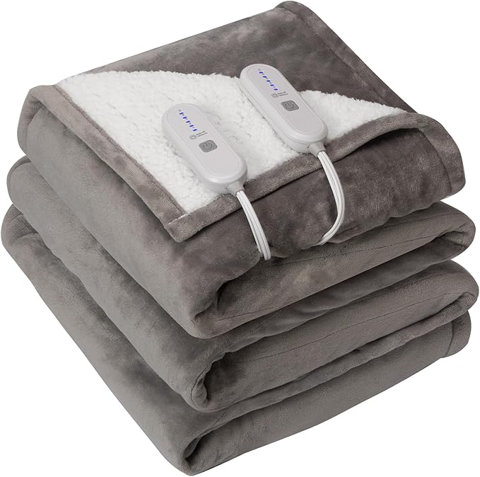 King Size Electric Blanket with Dual Control - Washable Heated Blanket King with 5 Heat Levels, 10 Hrs Auto Off, Overheat Protection, Flannel Sherpa Heating Blanket 100" x 90", Grey