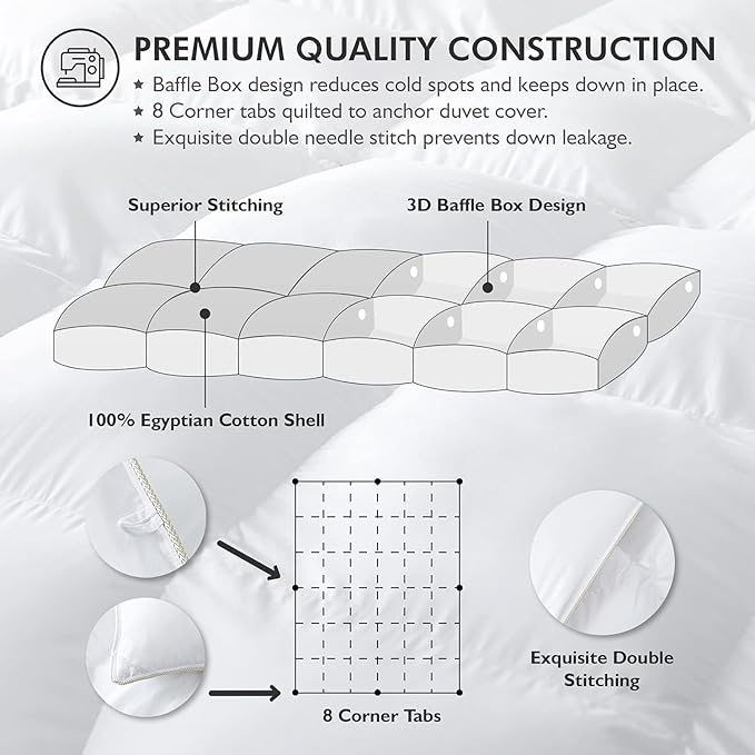 Luxurious Oversized Queen 98" x 98" Size Goose Down Fiber Waterfowl Feather Fiber Comforter Duvet, 100% Egyptian Cotton Cover, 56 oz. Fill Weight, Baffle Box Design, White Solid