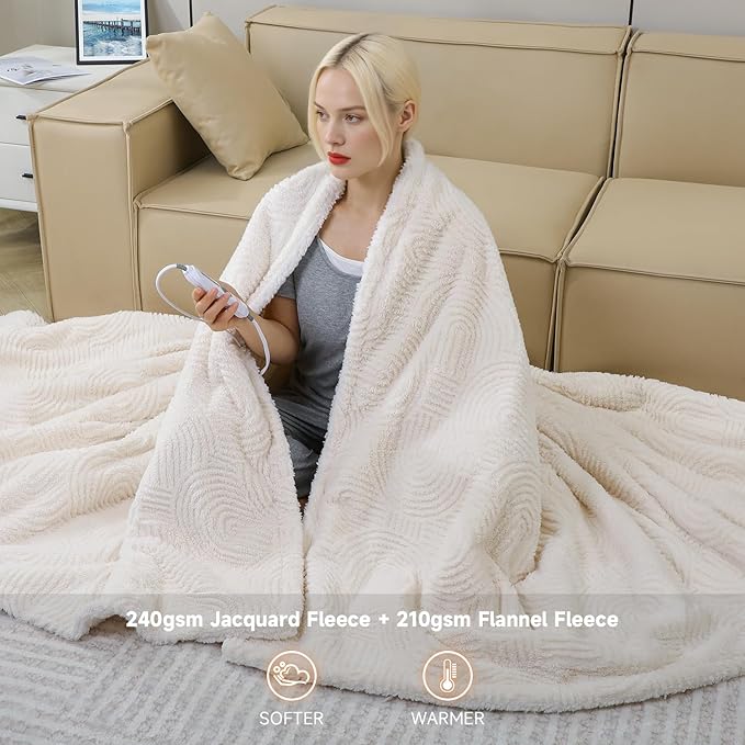 Heated Blanket Queen Size - 84"x90" Cozy Soft Jacquard Heating Blanket with 4 Heat Levels & 10 Hours Auto-Off, Jacquard Fleece, Overheating Protection, Warm Gifts, Cream