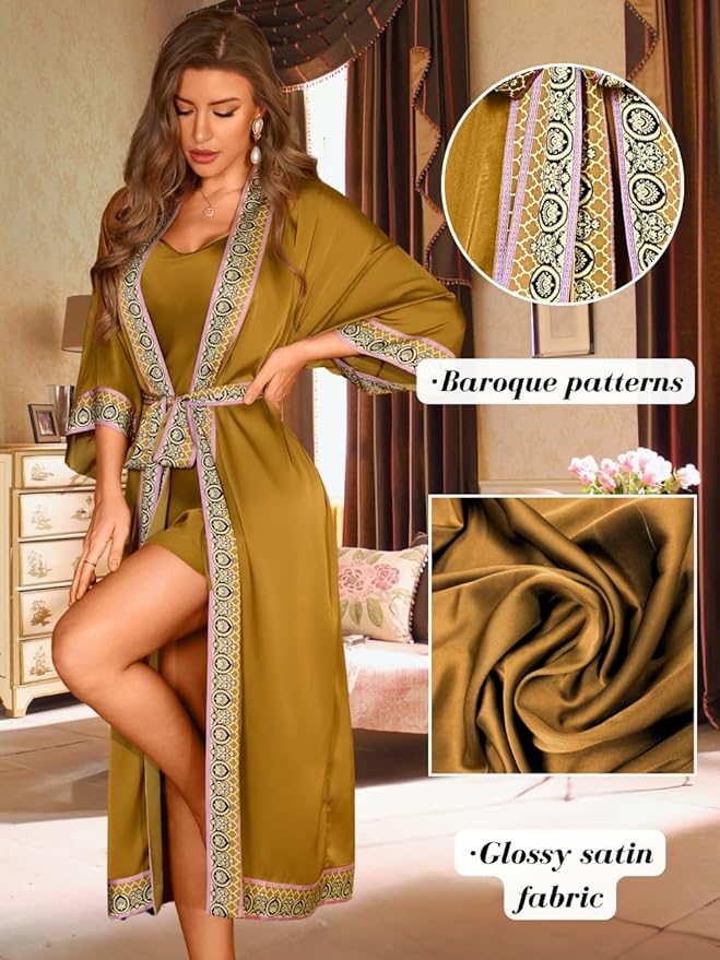 Satin Robe Sets For Women, 2-PC Lightweight Bathrobe, Silk Sleepwear Kimono Bridesmaid Sexy Robes