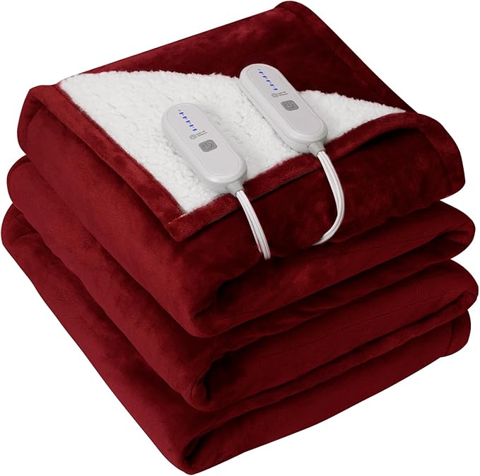 King Size Heated Blanket for Bed - 100" X 90" Dual Control Electric Blanket King with 5 Heat Levels, 10H Auto Off, Overheat Protection, Washable Flannel Sherpa Heating Blankets, Red