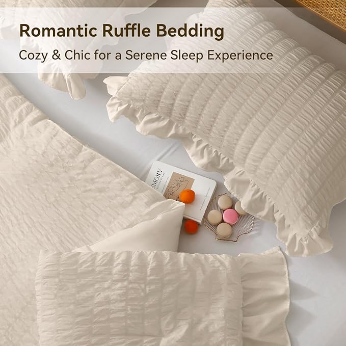 JOLLYVOGUE Beige Comforter Full Size, 3 Pieces Seersucker Lightweight Full Size Bedding, All Season Fluffy Microfiber Bedding Comforter Set with 1 Ruffle Comforter and 2 Ruffle Pillowshams