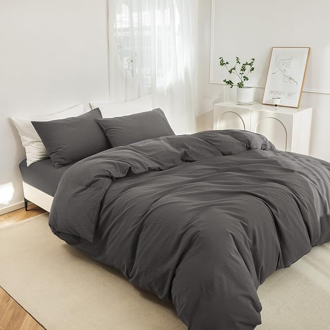 JIYUAN 100% Washed Cotton Duvet Cover Set 3 Pieces Cal King, 1 Duvet Cover 104x98 Inches(Comforter Not Included) and 2 Pillowcases,Linen Feel Bedding Set Comfy and Breathable,Solid Dark Grey