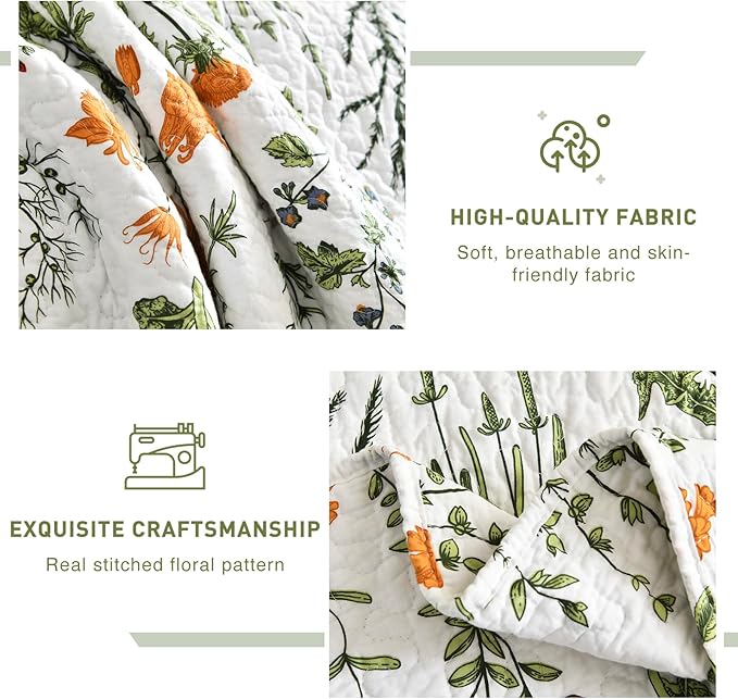 Lady Ann 100% Cotton Floral Quilt Sets Queen - Yellow Flowers & Leaves Pattern Plant Botanical Printed Quilted Bedding, 3 Pcs Lightweight Extra Soft Queen Bedspread Coverlet Set for All Season