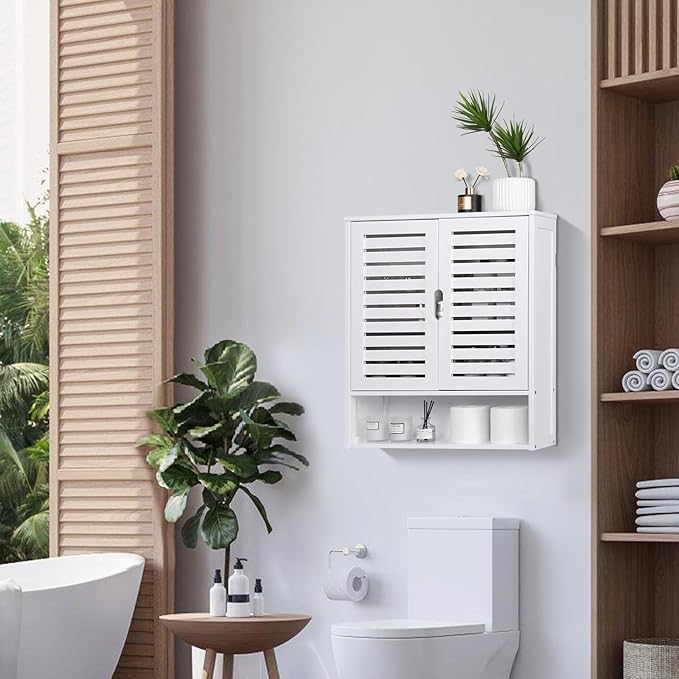 HYNAWIN White Organized Bathroom Storage Cabinet with Lattice Doors,Spacious Storage with Adjustable Shelves for Bathroom or Kitchen Essentials