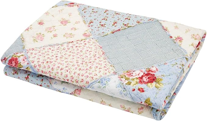 Cozyholy Original 100% Cotton Patchwork Quilt Twin Size Blue Floral Bedspread Coverlet Reversible Vintage Shabby Chic Quilted Throw Blanket Bed Quilt Cover for Couch Sofa