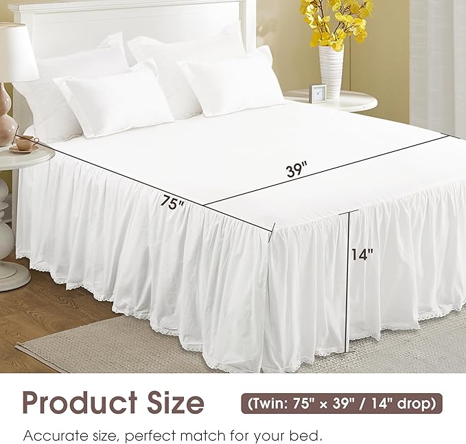 Twin Size 14" Drop - White Lightweight Cotton Bed Skirt with Crochet Edge - Dust Ruffle with Split Corner - Soft, Elegant, Breathable Bedding Accessory