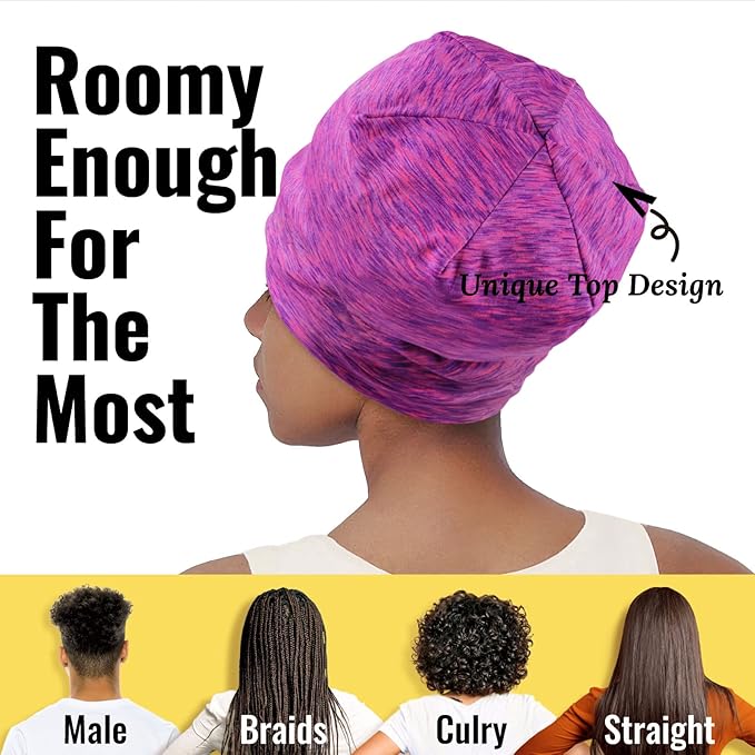 Satin Lined Sleep Cap Bonnet for Curly Hair and Braids, Stay On All Night Hair Wrap with Adjustable Strap for Women and Men, Purple and Pink, Pack of 1