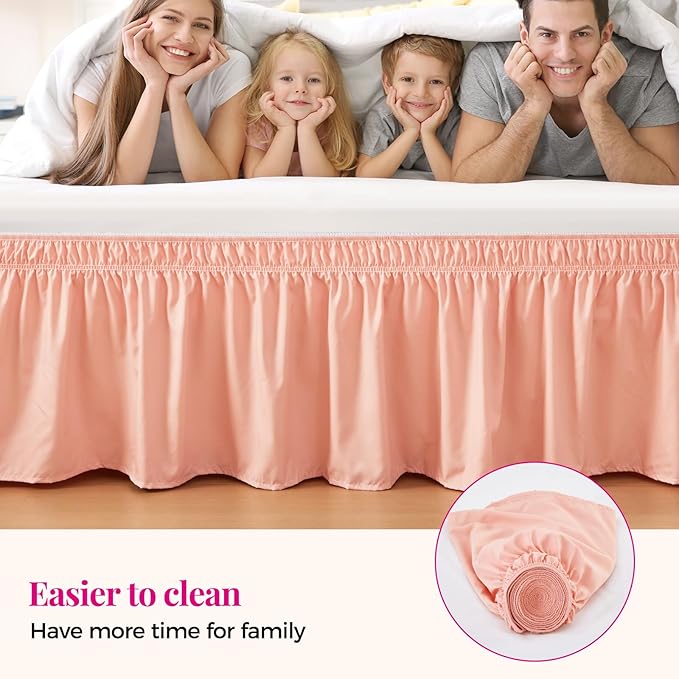 RIMELA Peachy Coral Bed Skirt King Size 15 Inch Drop, Wrap Around Elastic Bedskirt, Dust Ruffle for Adjustable Bed Base Machine Washable Easy to Install Bed Skirts