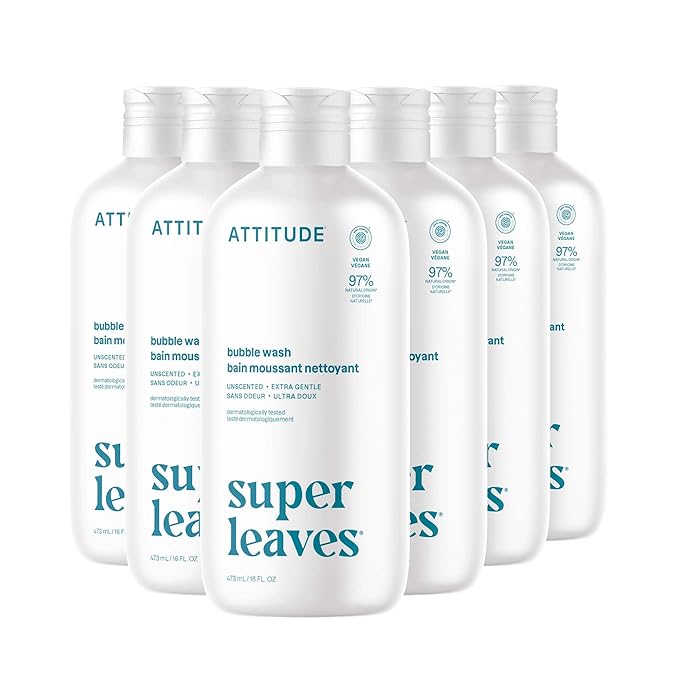 ATTITUDE Bubble Bath, EWG Verified, Plant and Mineral-Based, Dermatologically Tested, Vegan Body Care Products, Extra Gentle, Unscented, 16 Fl Oz (Pack of 6)