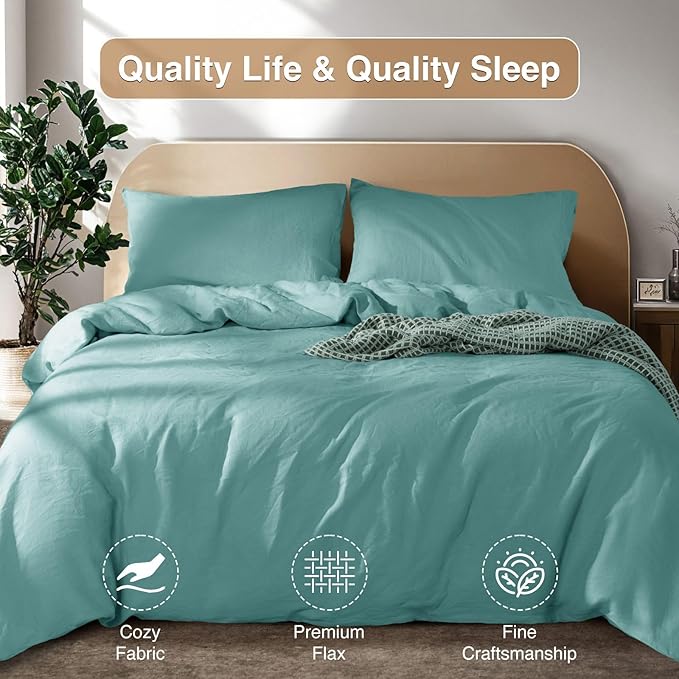 SONORO KATE 100% French Linen Duvet Cover King Size, Soft Breathable for Hot Sleepers, Moisture Wicking & Durable Cover Set - Zipper Closure & 4 Corner Ties Duvet Covers 3 Piece (Aqua,King)