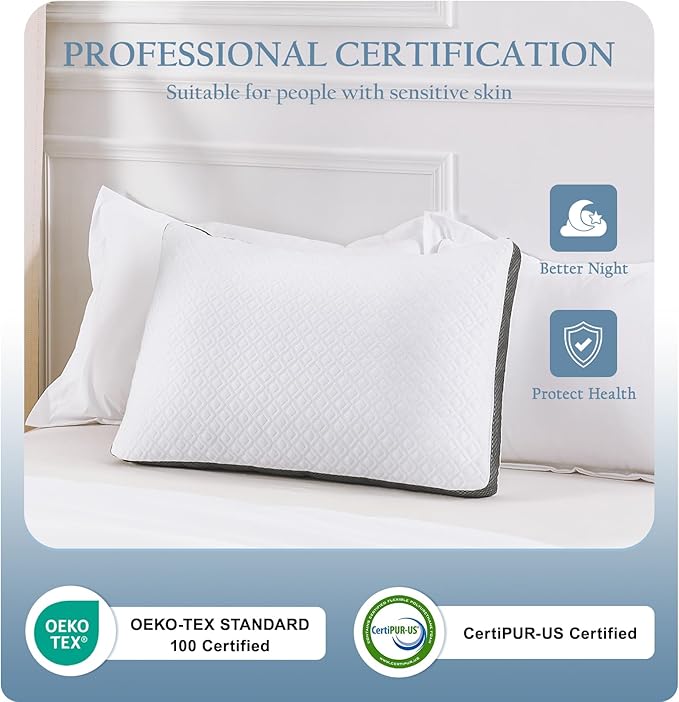 Tencel Standard Bed Pillows, Shredded Memory Foam Pillows, Adjustable Bed Pillow for Sleeping, 18"x26"Cooling Tencel Circular Knit Pillows for Side, Back, Stomach Sleepers（Pack of 1）