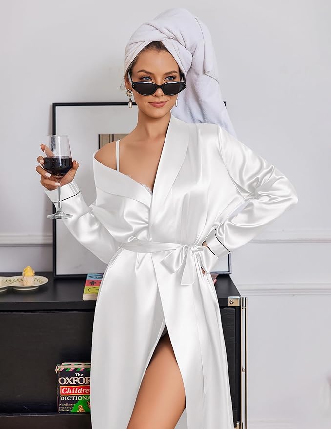 Ekouaer Silk Robes for Women Shawl Collar Satin Bathrobe Long Bride Wedding Party Robe Lightweight Sexy Sleepwear S-XXL