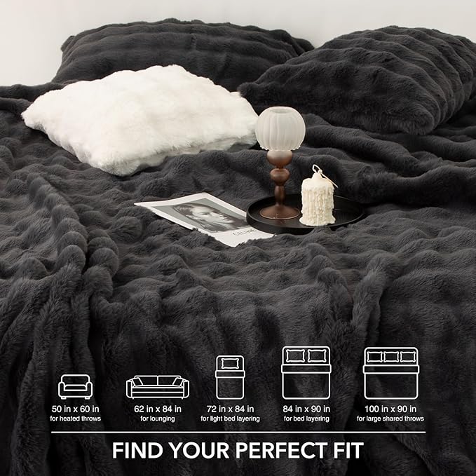 Faux Rabbit Fur Bubble King Size Heated Blanket Dark Grey - Fluffy Thick Electric Blanket with Dual Control, 6 Heating Levels & 10 Timer Settings, ETL Certified, Home Decor (100" x 90")