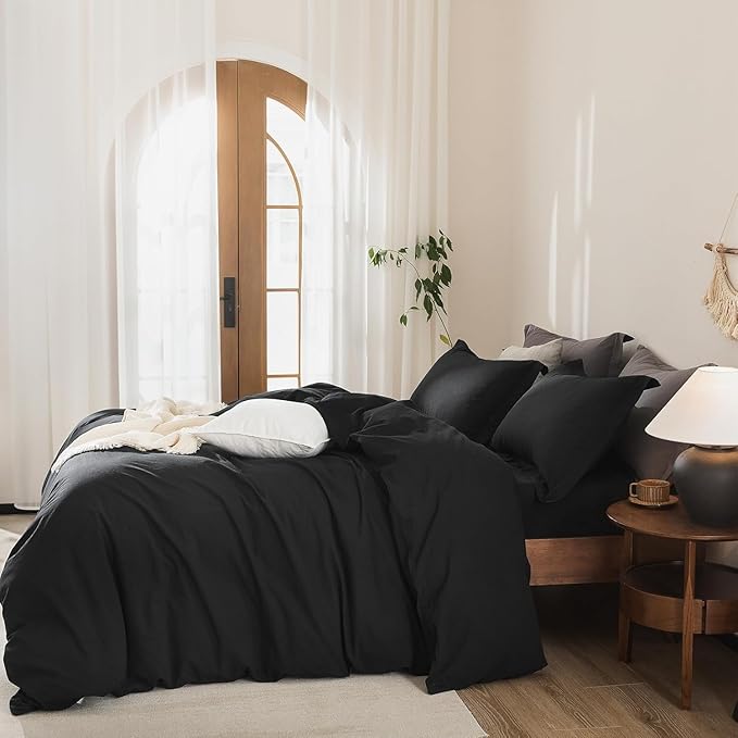 Black Duvet Cover Twin Size 100% Washed Cotton Bedding Set Cover One Duvet Cover with Zipper Closure and One Pillowcases, 90inch x 68inch