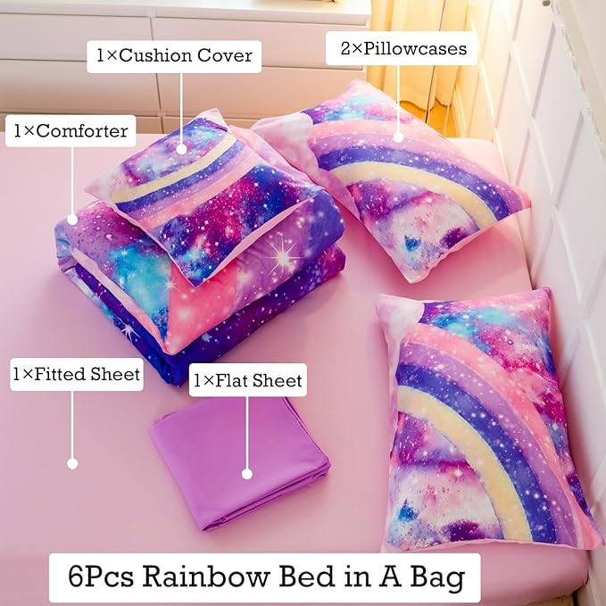 ANGIYUIN 6Pcs Rainbow Queen Size Comforter Set for Girls 3D Pastel Tie Dye Pink Comforter Bedding Set Soft Lightweight Bed in a Bag with Sheet Sets
