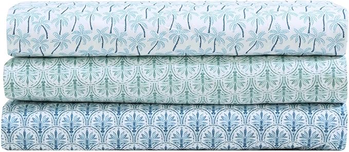 Tommy Bahama - Queen Sheet Set, Super Soft Cotton Percale Bedding with Matching Shams, Tropical Bedding Set, Oeko-Tex Certified (Palmtastic Blue, Queen)