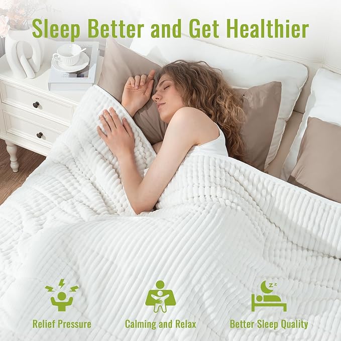 Uttermara Weighted Blanket for Adults Queen Size 15lbs, Striped Ribbed Fuzzy Heavy Blanket, Dual-Sided Ultra Cozy Sherpa & Super Soft Flannel for Sleep, 60x80 Inches, White