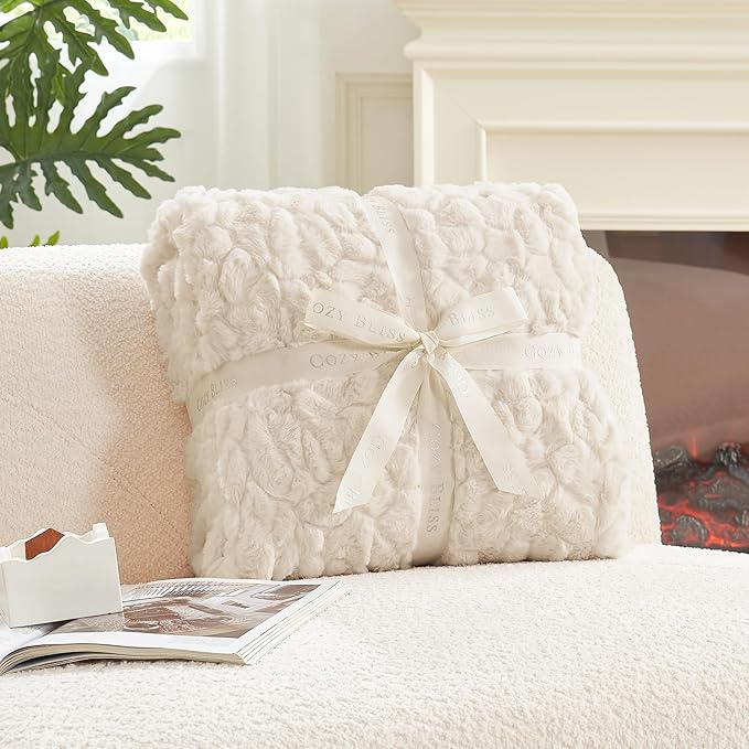Cozy Bliss Faux Fur Throw Blanket for Couch, Fuzzy Soft Plush Thick Warm Fluffy Reversible Wave Textured Blanket for Sofa Bedroom Living Room, 55 * 70 Inches Cream White