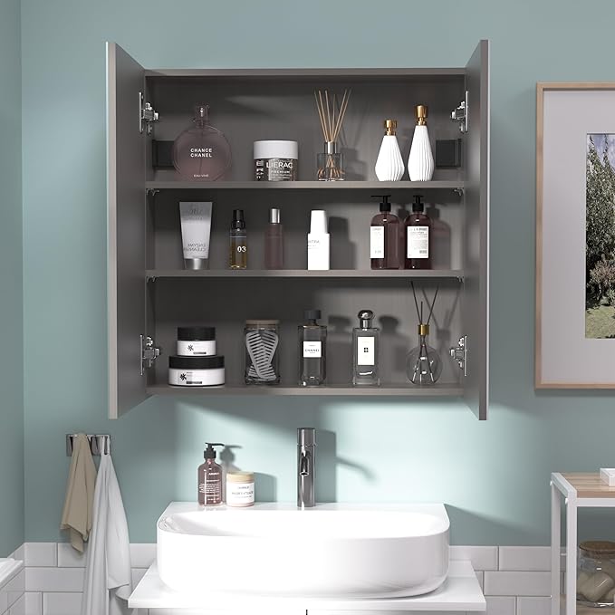 24x24 inch Bathroom Wall Cabinet, Saver Storage Cabinet, Medicine Cabinet with 2 Door and Adjustable Shelves, Grey（Assembly Required）