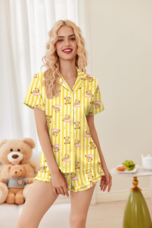 Ekouaer Womens Satin Pajamas Set Button Down 2 Piece Silk Pjs Shorts Set Ruffle Lingerie Notch Collar Sleepwear