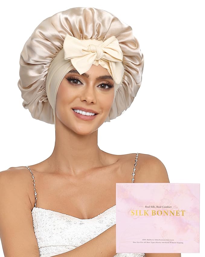 100% Mulberry Silk Bonnet for Sleeping Women Double Layer Silk Hair Bonnet Natural Silk Sleep Cap with Elastic Reversible Hair Wrap (Champagne+Beige)