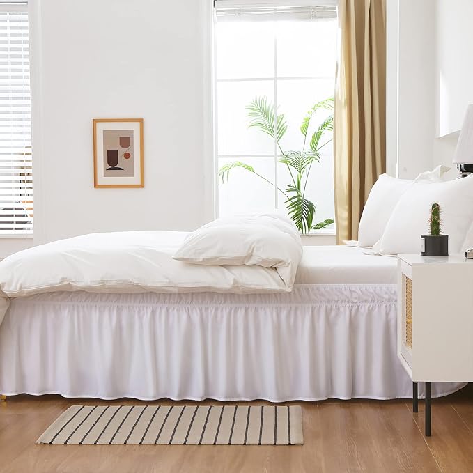 MEILA Wrap Around Bed Skirt Three Fabric Sides Elastic Dust Ruffled 24 Inch Tailored Drop,Easy to Install Fade Resistant-White, Twin/Full