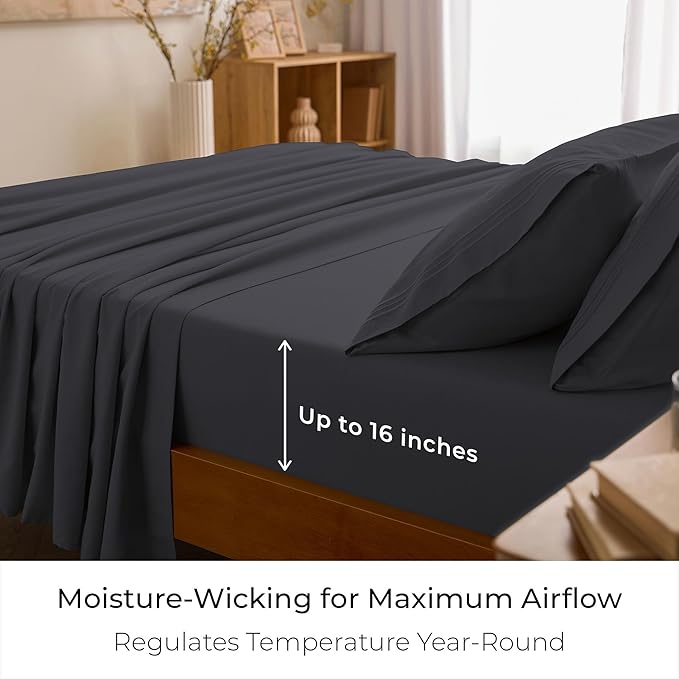 Mellanni Queen Sheets Set - 4 PC Iconic Collection Bedding - Hotel Luxury, Extra Soft, Cooling Bed Sheets - Wrinkle, Fade, Stain Resistant (Queen, Charcoal)