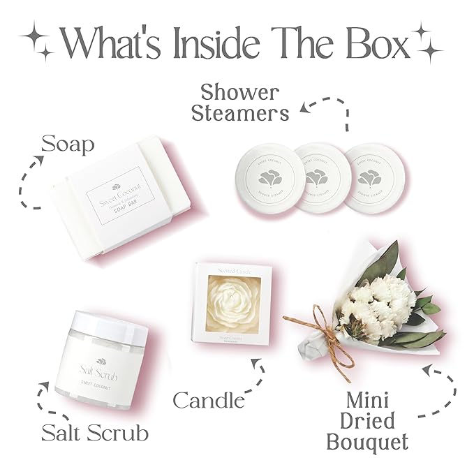 Sweet Coconut Small Spa Gift Set for Women – Relaxation Gift Basket with Candle, Soap, Salt Scrub & Shower Steamers – Unique Birthday, Bridal Shower, Christmads, Thank You & Self Care Gifts
