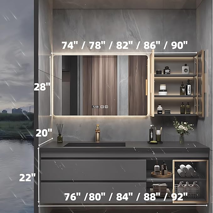 Bathroom Vanity with Sink - Luxury Bathroom Vanities, Floating Vanity with Smart Defogging Mirror, Multi-Layer Solid Wood Material - Complete Accessories (84")