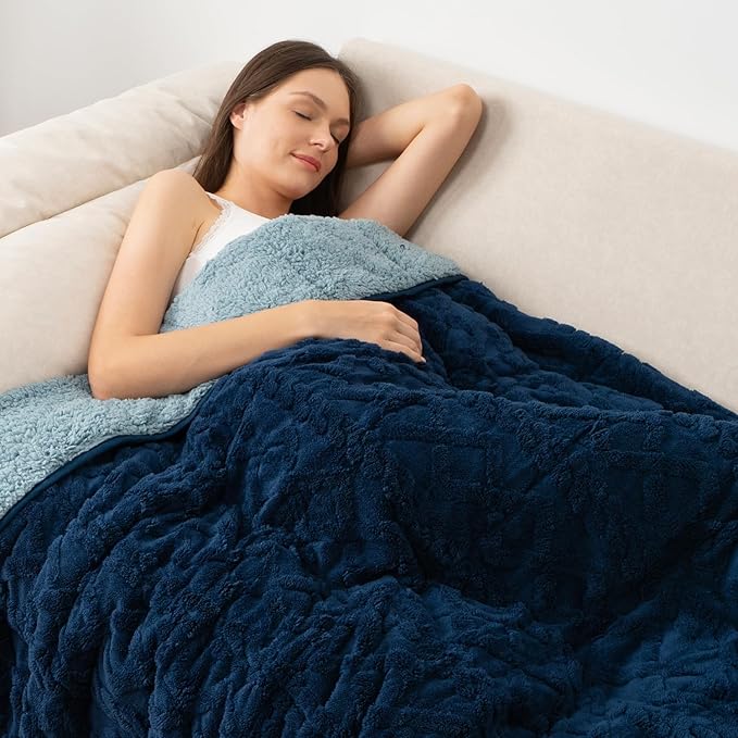 Wemore Weighted Blanket for Adults Twin Size 15 lbs, Dual Sided Soft Fuzzy Jacquard Sherpa Weighted Blankets for Sleeping, Cozy Fluffy Knitted Heavy Blanket for Couch Bed, Navy Blue, 60 x 80 inches