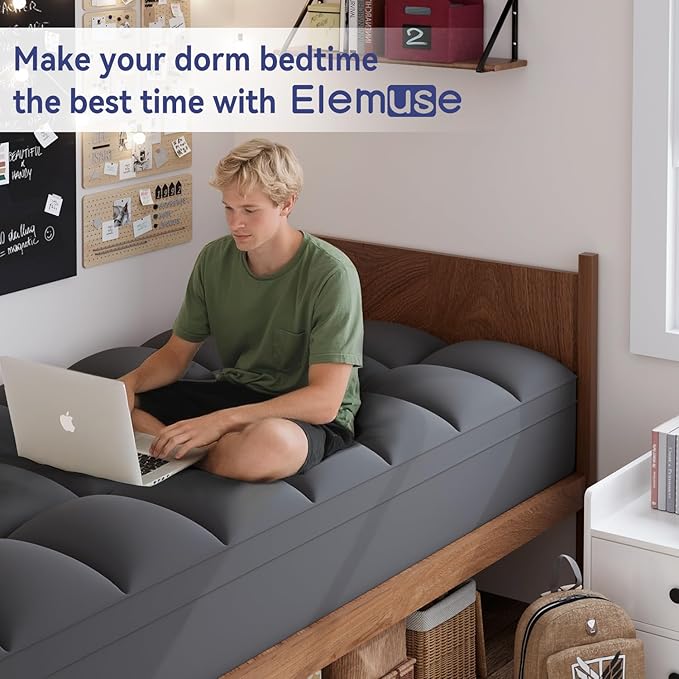 ELEMUSE Twin Grey Mattress Topper for Back Pain, Extra Thick Mattress Pad Cover, Plush Soft Pillowtop with Elastic Deep Pocket, Overfilled Down Alternative Filling