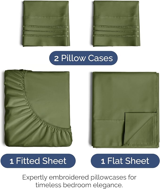 Full Size 4 Piece Sheet Set - Extra Soft, Breathable & Cooling Sheets - Hotel Luxury Durable Bed Sheets for Women & Men - Deep Pockets, Easy-Fit & Wrinkle-Free Sheets - Deep Olive Oeko-Tex Bed Sheets