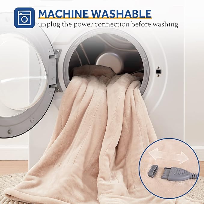 Sealy Electric Blanket Heated Throw, Soft Flannel Heated Blanket with 6 Heating Settings & 2-10 Hours Auto Shut Off, Fast Heating & Machine Washable, 50x60 Inch, Beige