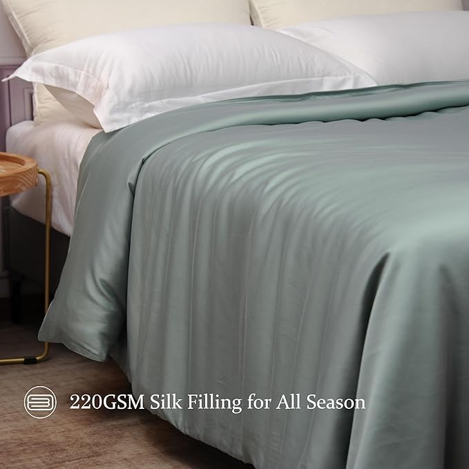 CUDDLE DREAMS Silk Filled Comforter for All Season, Detachable Tencel Duvet Cover for Easy Care, Naturally Breathable (Celadon, King)