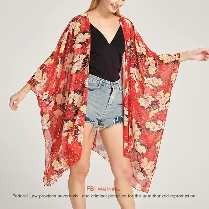 Women's Bohemian Floral Chiffon Beach Cover up Swimsuit Kimono Summer Swimwear Cardigans