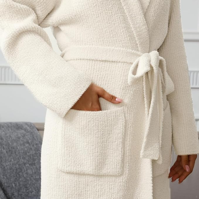 MH MYLUNE HOME Ultra Soft Robe With Pockets, Spa Bathrobe Loungewear Calf-Length, Plush Fuzzy Fluffy Wrap Robe for Women