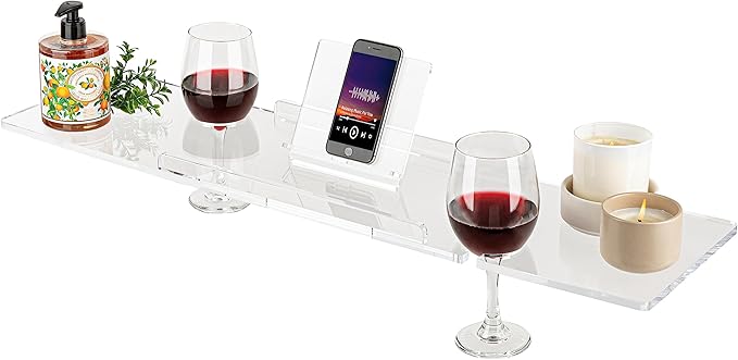 34" Supreme Plus- Luxury Bathtub Tray Caddy- 3/8" Thick, Clear Bath Tub Tray Table for 1 or 2 Bathers, Acrylic Bathtub Caddy, iPad and 2 Wine Glass Holders (Supreme Plus, 34")