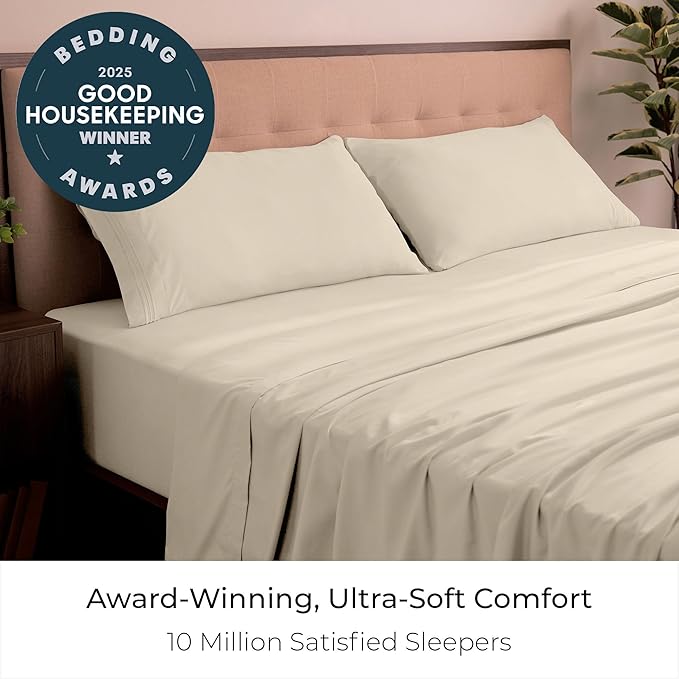 Mellanni California King Sheets Set - 4 PC Iconic Collection Bedding - Hotel Luxury, Extra Soft, Cooling Bed Sheets - Wrinkle, Fade, Stain Resistant (Cal King, Beige)