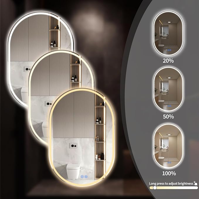 Bathroom Mirror 26"x38" LED Bathroom Mirror with Lights, Anti-Fog, Dimmable Oval Mirrors with Front Light and Backlit, Modern Farmhouse Wall Mounted Mirror for Decorative