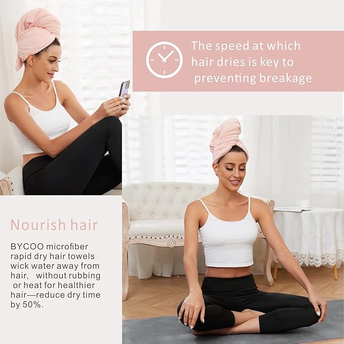 Microfiber Hair Towel Wrap for Women, Anti Frizz Large Ultra-Soft Hands-Free Hair Dry Towels, Fast Drying | Super Absorbent | Quick Dry Hair Turban for Wet, Curly, Long & Thick Hair - Pink