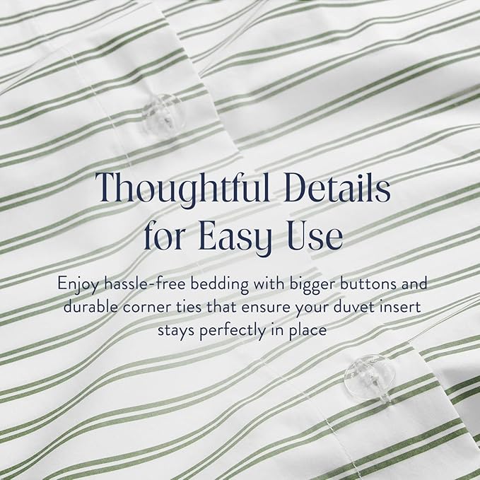 Brooklinen Luxury Sateen Duvet Cover - 100% Cotton, Full/Queen Size in Green Tandem Stripe with Extra-Long Corner Ties and Button Closure - Best Full/Queen Duvet Covers