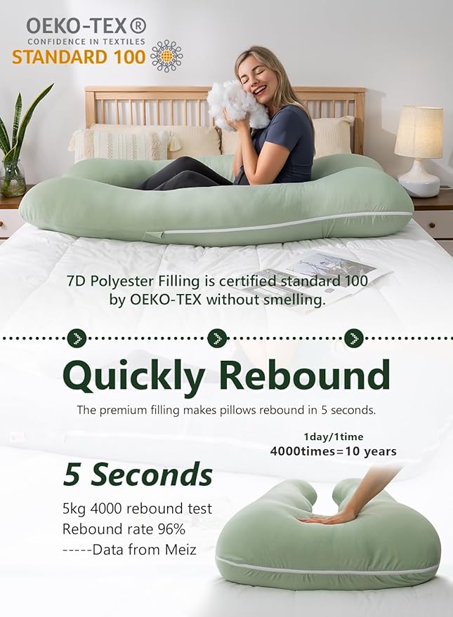 Meiz Pregnancy Pillows for Sleeping, Cooling Pregnancy Pillows, 60Inch Maternity Pillows, U Shaped Full Body Pillows for Adults with Rayon Cover from Bamboo, Sage Green