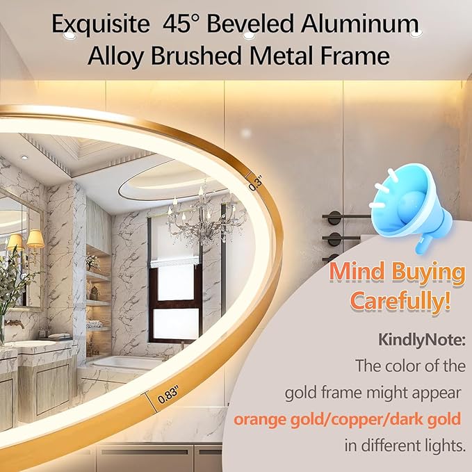 Oval LED Bathroom Mirror, 32"x20" Lighted Wall Mounted Vanity Mirror with Metal Frame, Anti-Fog IP66 Waterproof Smart Mirror, Memory Function, (Horizontal or Vertical), Gold