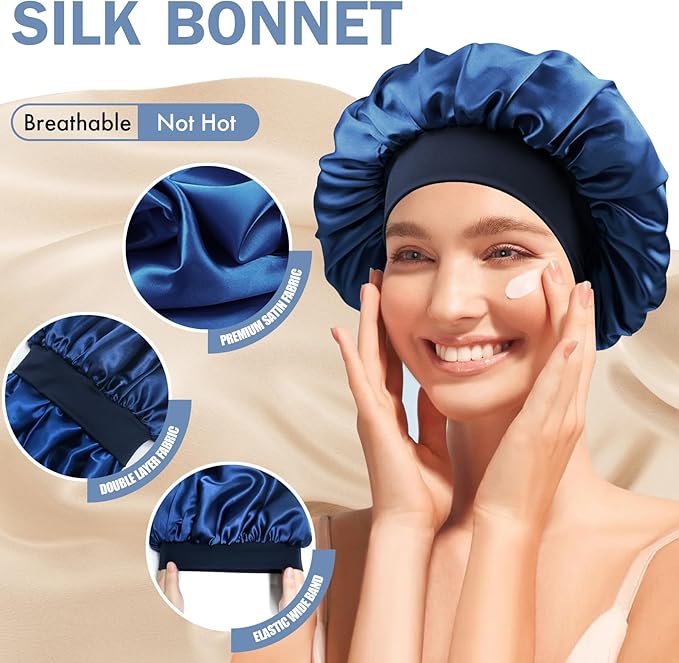 Satin Silk Bonnet for Sleeping, Double Layer Silk Sleep Cap for Men & Women, Soft Satin Lined Bonnet for Curly Hair
