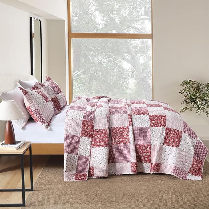 ENASAL Cotton Bedspread Quilt Bedding Sets Reversible Coverlet Sets Comforters Plaid Floral Red White Patchwork Pattern Bedspread for All Season, King Size